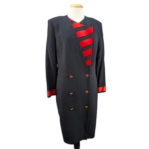 Louis Feraud Black Wool/Poly Overcoat Coat Dress Velvet Trim Vintage Size 12 Y2K